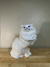 Vintage 1977 MCM Persian Large White Ceramic Cat  Blue Eyes Sitting Statue 14” picture