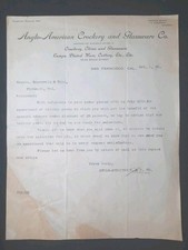1908 San Francisco Anglo-American Crockery Co Letterhead Plymouth CA Merchants picture