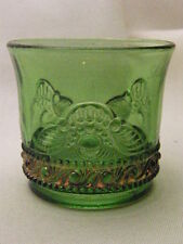 SHENANDOAH JA CLEAR GREEN GLASS BEADED FERN GOLD FOOTED FLUTED TOOTHPICK HOLDER picture