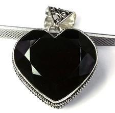 112.85 Ct Natural Black Sapphire Pendant Heart 925 Sterling Silver Chain 5ANI picture