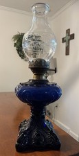😍 Ca. 1890s Antique EAPG Cobalt Blue Princess Feather Kerosene oil Squat lamp🔥 picture