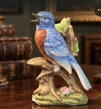 Vintage Style Bluebird Figurine Ceramic Bird on Branch Floral Cottagecore Decor picture
