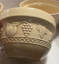 Vintage Set 3 Cream Stoneware Nesting Mixing Bowls Embossed Fruit Farmhouse picture