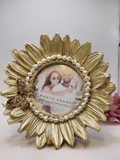 Sunflower Floral Goldtone Picture Frame Jewelry Art Pearls 8x8 Wedding  picture