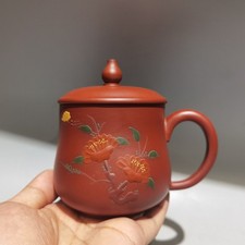 Yixing Zisha Tea Mug Lid Handle Slip Painted Red Clay Cup Marked Wang Xuekun picture