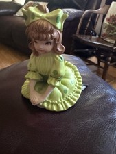 Vtg Lefton Sitting Bloomer Girl in Green Big Bow Polka Dots Figurine picture