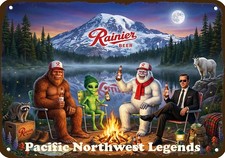 1970s RAINIER Beer Campfire Bigfoot D.B Cooper Alien Yeti Legends METAL BAR SIGN picture