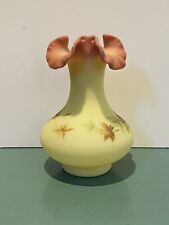 Vintage Fenton Burmese Art Glass Ruffled Vase Hand Painted Maple Leaves Glows picture