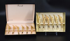 12 VTG Tancraft Janis 24K Gold Plated Hors D'Oeuvres Forks Feather Handles picture