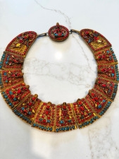Tibetan Style Ornate Collar Necklace Red Blue Inlay Gold Tone Figural Panels picture
