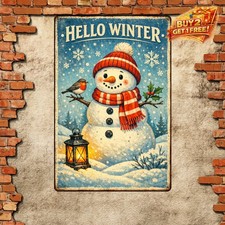 Winter Welcome Sign Snowman Bird 8x12 Rustic Iron Metal Wall Art Plaque picture