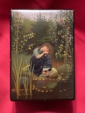 Vintage Hand Painted Folk Art Black Lacquer Trinket Box Beautiful Girl Signed picture