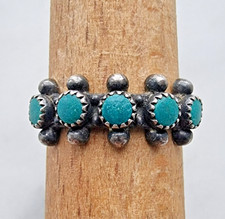 Zuni Native American 925 Sterling Silver Turquoise Snake Eye Row Ring Sz 5.75 picture