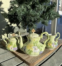 VTG Hand Painted Teapot Creamer & Sugar Green Floral Unmarked Porcelain Signed picture