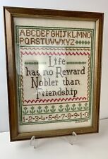 Cross Stitch Sampler Alphabet Numbers Friendship Flowers Signed Framed Vintage picture