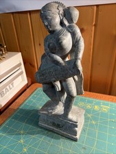 Vintage Hand Carved Gray Marble Apsara Statue Indian Temple Musician Drummer 12” picture