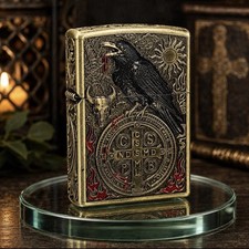 Antique Brass Raven & St. Benedict Coin Armor Lighter – Gift Box Included picture