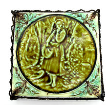 Antique Majolica Tile Pictorial Girl in Forest Wire Trivet Base picture