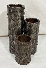 Brutalist Metal Art Candle Holders Set of 3 Hand Made Cylinder Sculptures HEAVY picture
