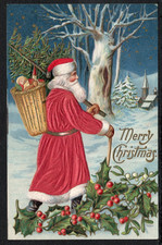 Silk~Santa Claus~Walking Stick~Church Scene ~Vintage Christmas~Postcard~s906 picture