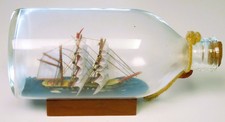 Ship Inside Glass Bottle on Stand Schooner Clipper Nautical Décor VINTAGE 1970s picture
