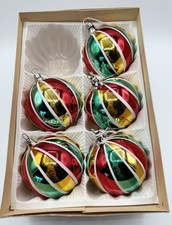 Vtg  West German Glass Christmas Ornaments Striped Box Set 5 3.25” w Macys Tags picture