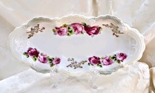 Antique Leuchtenburg Germany Celery Serving Dish Pink Roses Gold Floral Long picture