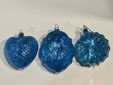 3 VTG West Germany Christmas Ornament Embossed Blue Half Clear Reflector Bumpy picture