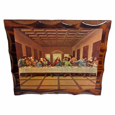 Vintage 1972 Scafa Tornabene Last Supper Jesus Wood Plaque Religious Art picture