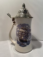 Nelson McCoy Pottery Clipper Ship Beer Stein Pewter Lidded 9” Tall Nice picture
