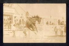 1928 Rodeo Cheyenne WY BRONCO BUSTING Real Photo Postcard RPPC Cliff Helm Cowboy picture