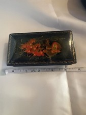 Vintage Palekh Russian Lacquer Box Troika Horses Hand-Painted Gold Scrolls ~5x2” picture