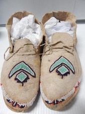 ANTIQUE VINTAGE KIOWA INDIAN BEADED MOCCASINS - HARD SOLES - BRAIN TANNED picture