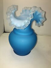 Vintage Satin Cased Glass Ruffled Edge Blue/White Vase picture