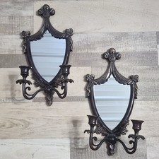 Vintage French Revival Mirrored Candle Sconces Shield, Ribbon & Fleur Motif 13×7 picture
