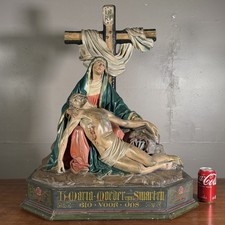 Antique Belgian Pieta Statue Wood & Plaster Virgin Mary Jesus Cross Polychrome picture