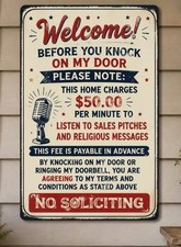 No Soliciting Welcome Metal Door Sign Wall Decor For Porch NEW- 8x12 picture