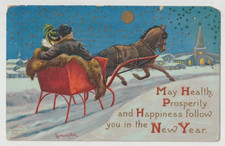 HAPPY NEW YEAR SLEIGH HORSE Postcard EMBOSSED BERNHARDT WALL ARTIST picture