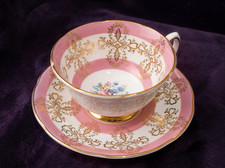 Vintage Pink & Gold Filigree Teacup and Saucer - Floral Nosegay - English Bone C picture