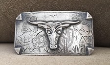 Vintage Mexico Sterling Silver Handcrafted Antique Longhorn Steer Belt Buckle picture
