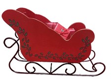 Vintage Lg Red Wooden Handmade Christmas Holiday Sleigh With Green Holly Leaves picture