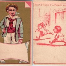 x2 LOT Vtg 1880s Victorian Trade Cards Sailor Boy Blank Banner Candy Store Comic picture