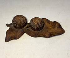 Antique Black Forest Hand Carved Wood Double Walnut Leaf Inkwell Trinket Box⁠ picture