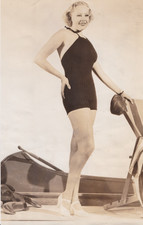 1936 Press Photo Leggy Actress June Knight Models Halter-Neck Bathing Suit picture