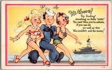 Vintage 1943 Postcard Colortint Grinnell Litho Navy Sailor Pinup Girls WWII picture