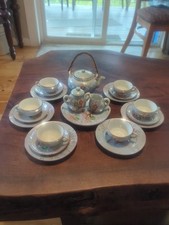 Vint Japanese Pottery Tea Set Teapot 6 Cups Saucers Plates Rattan Handle 23 Pcs picture