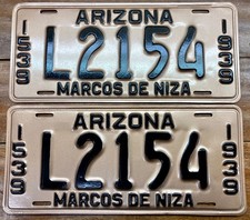 1939 MOHAVE COUNTY ARIZONA 400 YEAR ANNIVERSARY LICENSE PLATES L 2154 MVD CLEAR picture