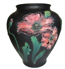 Vtg Tiffin Satin Glass Poppies Bowl Vase Black Amethyst Coralene Pink 8.5