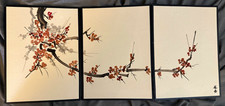 VTG Japanese Triptych Floral Art Panels Plum Blossom Branches w/ Signature picture