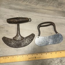 2 Antique Knife Food Choppers Wood & Metal picture